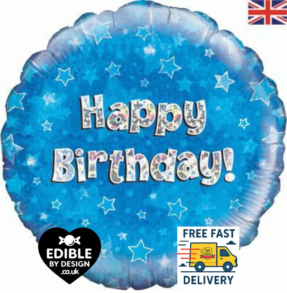 Blue Foil Happy Birthday Balloon - Oaktree UK - 18" round Balloon for Helium or Air