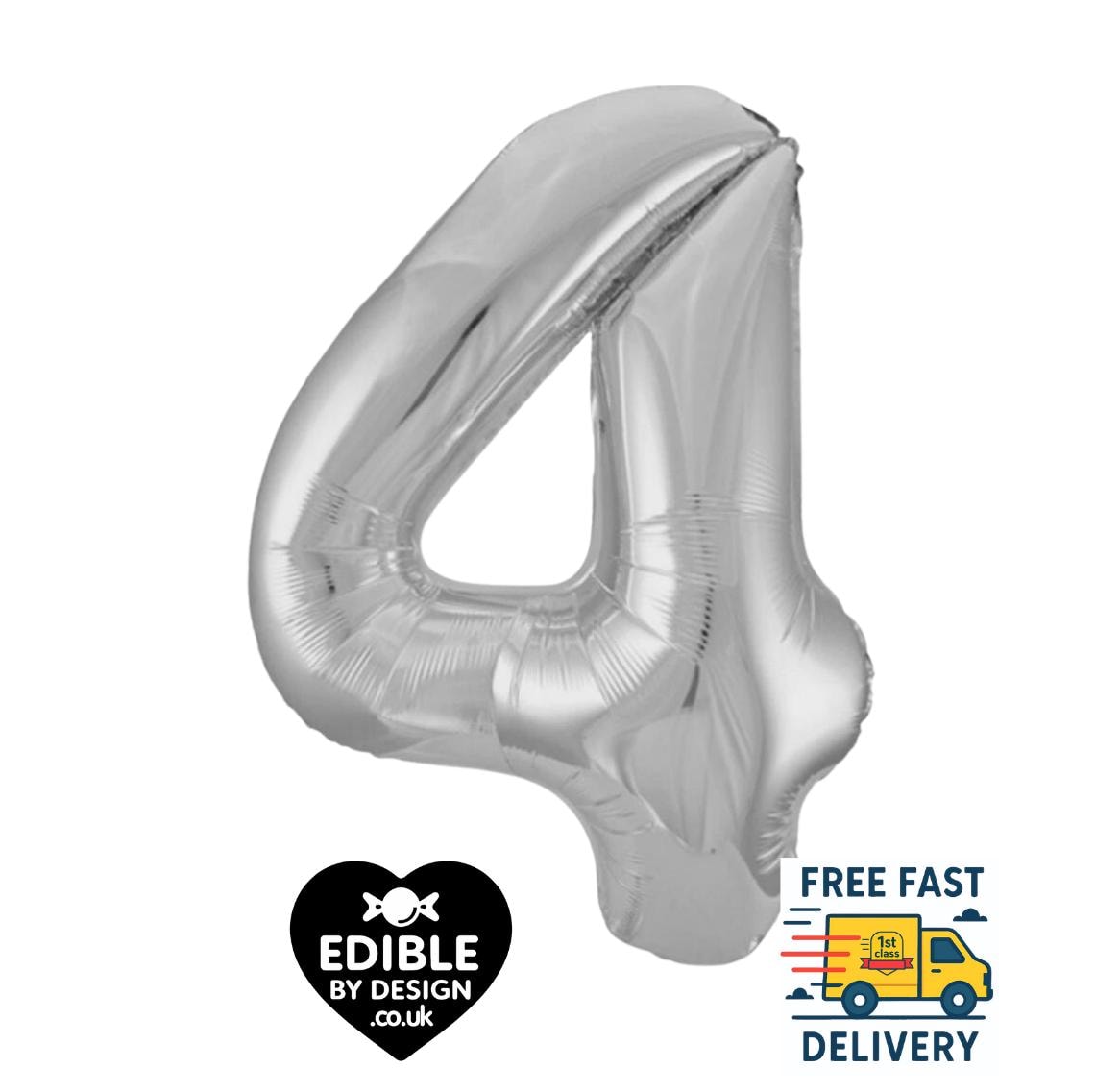 Giant Silver Number 4 Foil Balloon - Unique - 34" high max Age 4 Balloon for Helium or Air