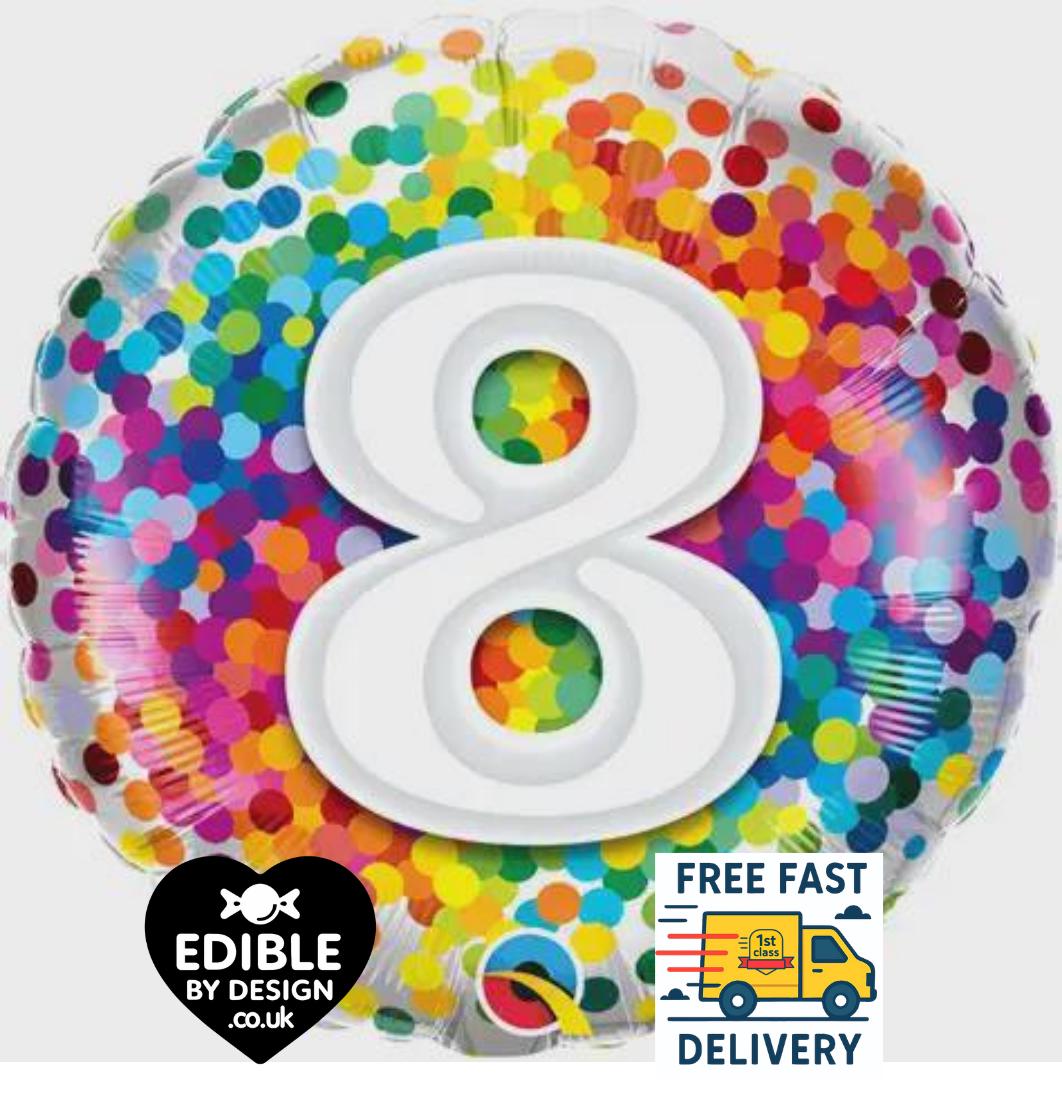 Rainbow Confetti Foil Number 8 Balloon - Qualatex - 18" round Balloon for Helium or Air