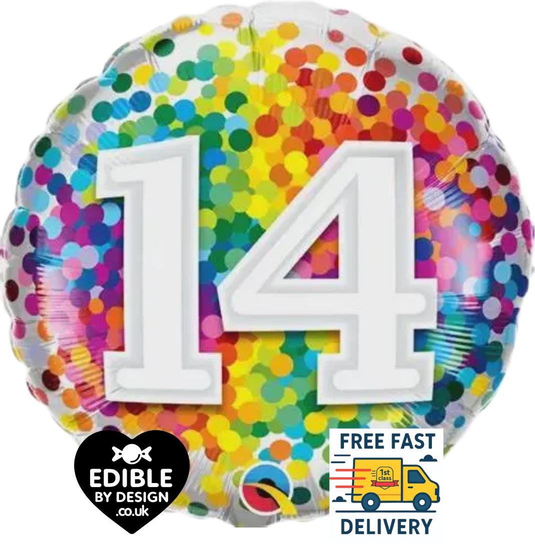 Rainbow Confetti Foil Number 14 Balloon - Qualatex - 18" round Balloon for Helium or Air