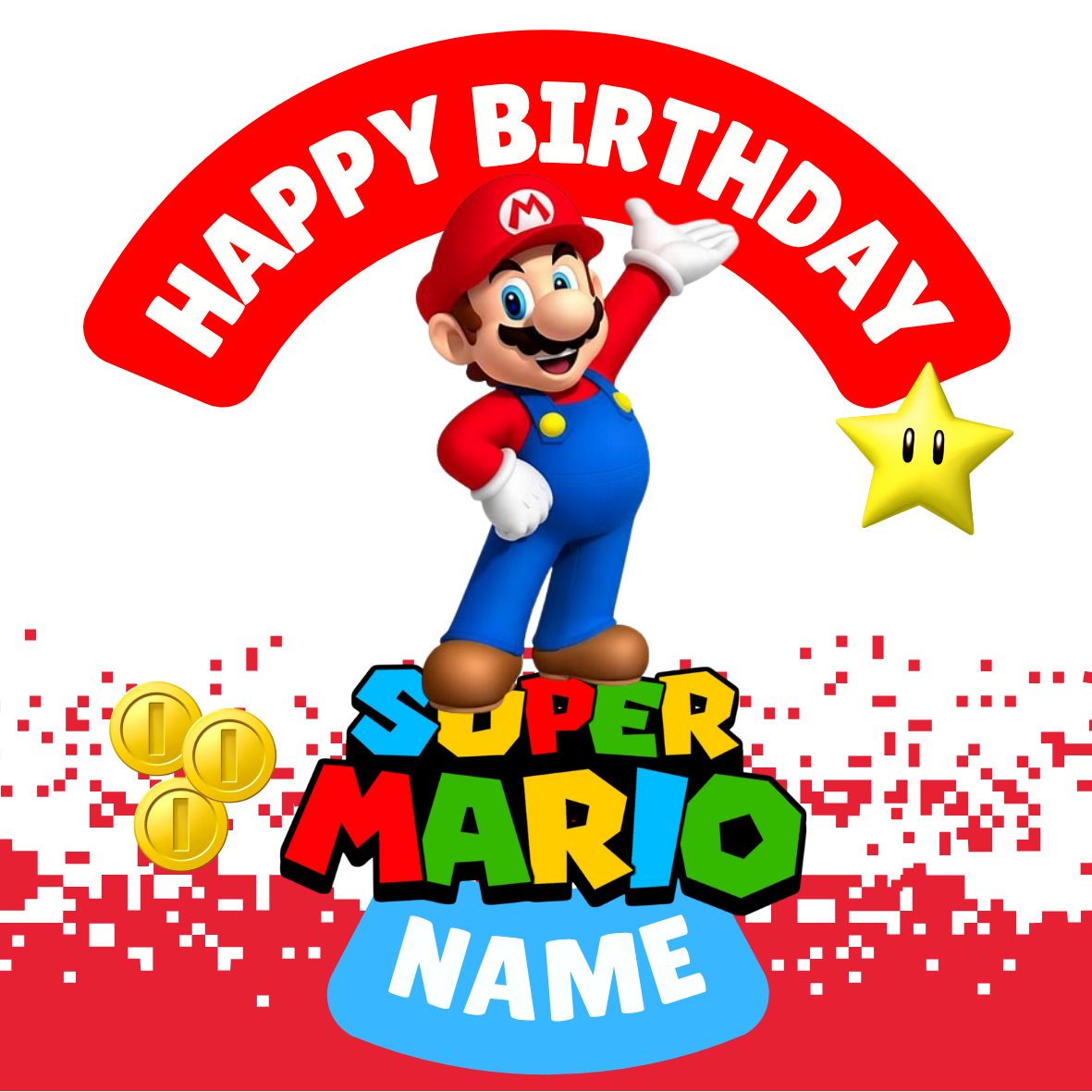 Super Mario Theme Birthday Cake Toppers Edible Circles Personalised Name and Age Matching Stickers Balloon Invitations Pack