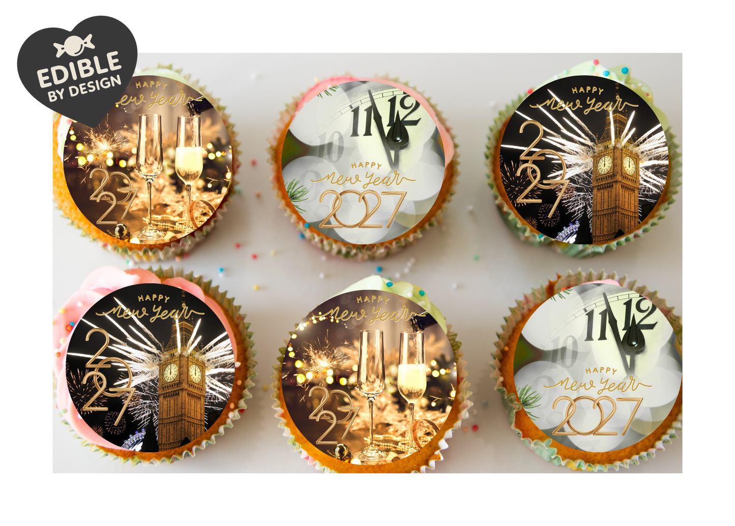 New Year 2027 Cake Toppers: Edible Icing or Wafer, Stickers and Balloon