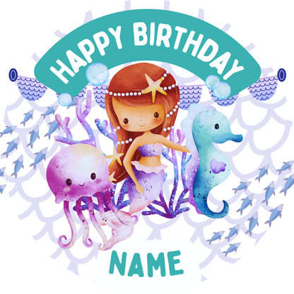 Mermaid Sea Theme Birthday Cake Toppers Edible Circles Personalised Name and Age Matching Stickers Balloon Invitations Pack