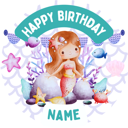 Mermaid Sea Theme Birthday Cake Toppers Edible Circles Personalised Name and Age Matching Stickers Balloon Invitations Pack