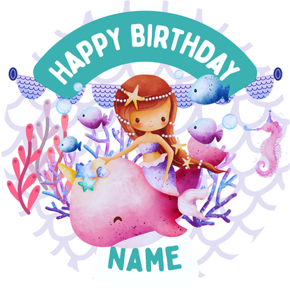 Mermaid Sea Theme Birthday Cake Toppers Edible Circles Personalised Name and Age Matching Stickers Balloon Invitations Pack