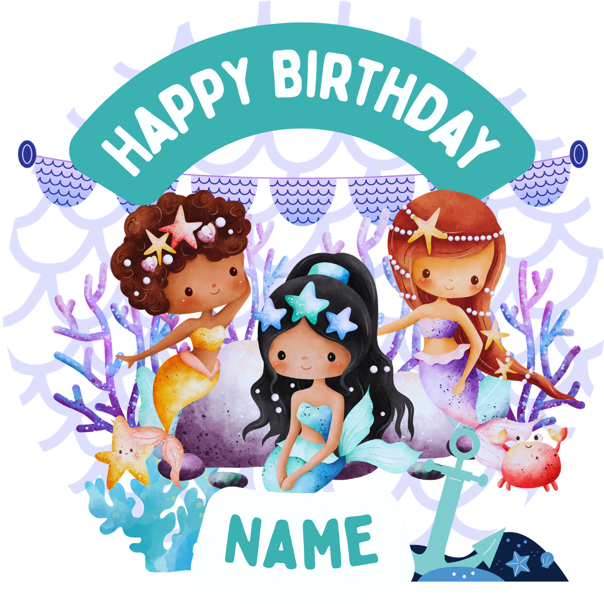 Mermaid Sea Theme Birthday Cake Toppers Edible Circles Personalised Name and Age Matching Stickers Balloon Invitations Pack