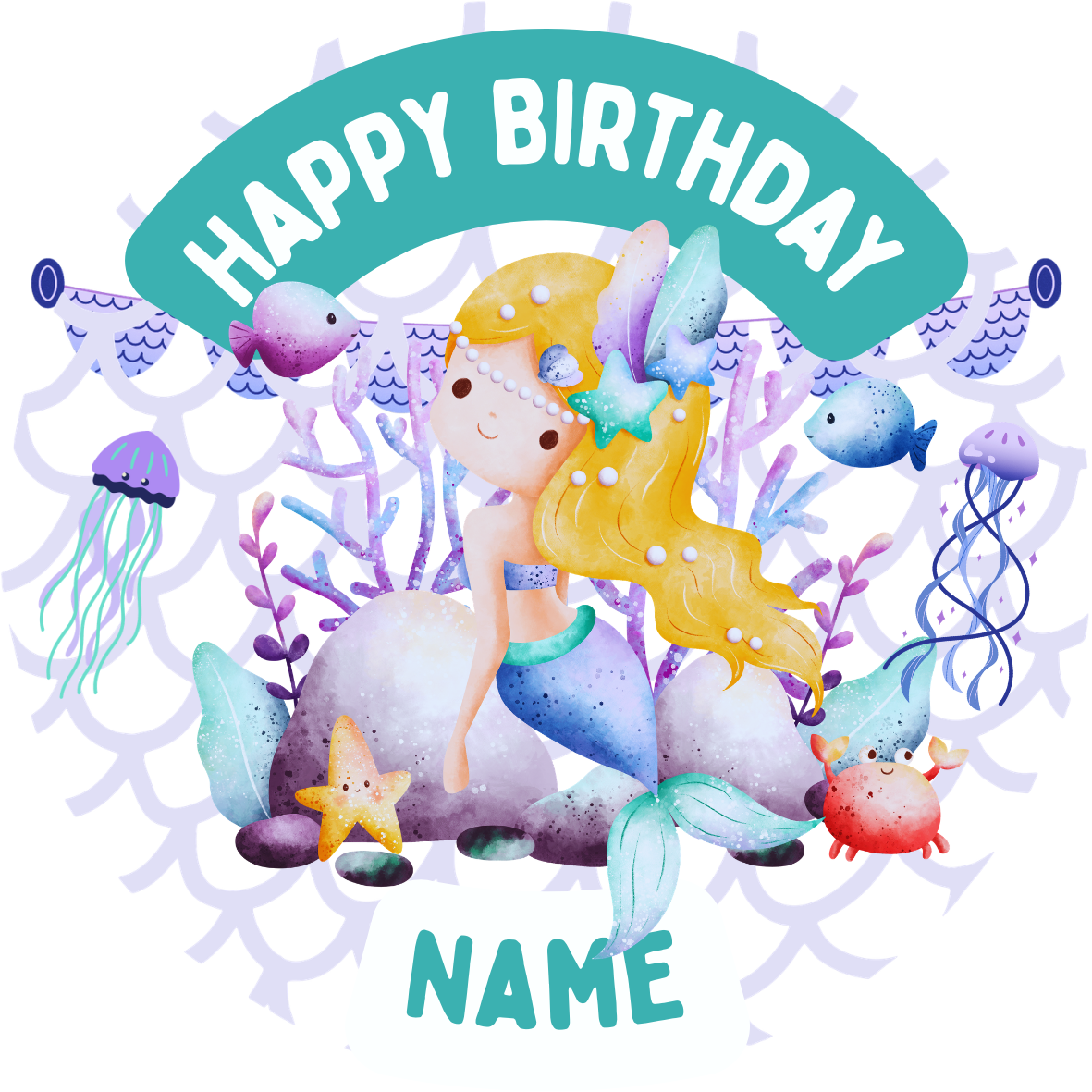 Mermaid Sea Theme Birthday Cake Toppers Edible Circles Personalised Name and Age Matching Stickers Balloon Invitations Pack