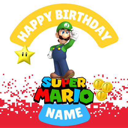 Super Mario Theme Birthday Cake Toppers Edible Circles Personalised Name and Age Matching Stickers Balloon Invitations Pack