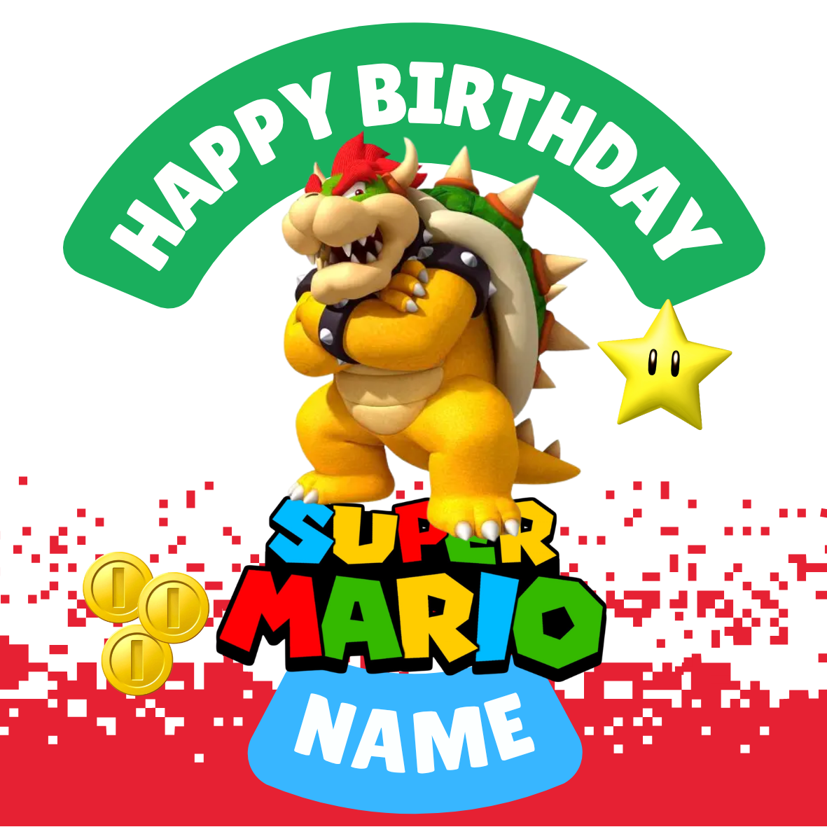 Super Mario Theme Birthday Cake Toppers Edible Circles Personalised Name and Age Matching Stickers Balloon Invitations Pack