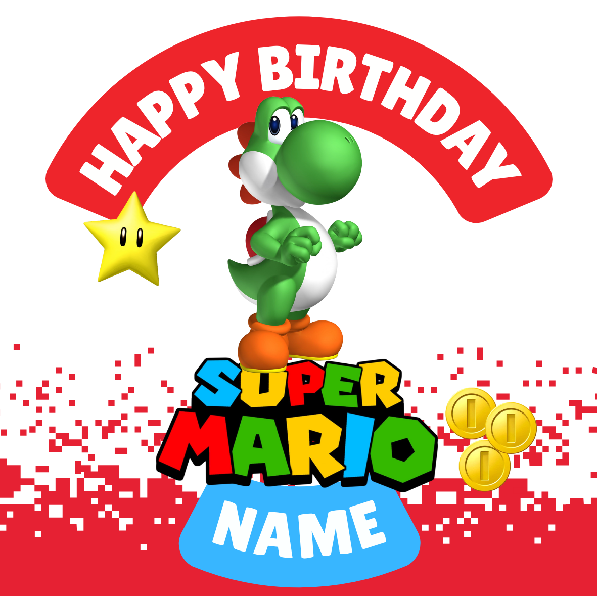 Super Mario Theme Birthday Cake Toppers Edible Circles Personalised Name and Age Matching Stickers Balloon Invitations Pack