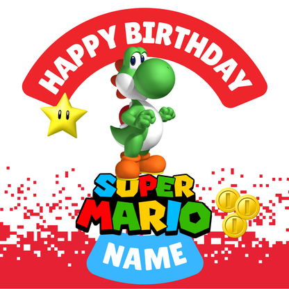 Super Mario Theme Birthday Cake Toppers Edible Circles Personalised Name and Age Matching Stickers Balloon Invitations Pack