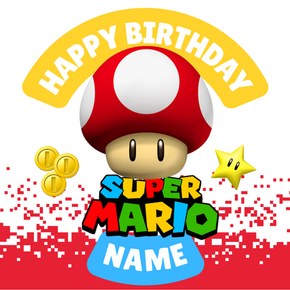 Super Mario Theme Birthday Cake Toppers Edible Circles Personalised Name and Age Matching Stickers Balloon Invitations Pack