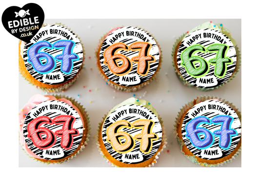 67 Theme Birthday Cake Toppers Edible Circles Personalised Name and Age Matching Stickers Balloon Invitations Pack