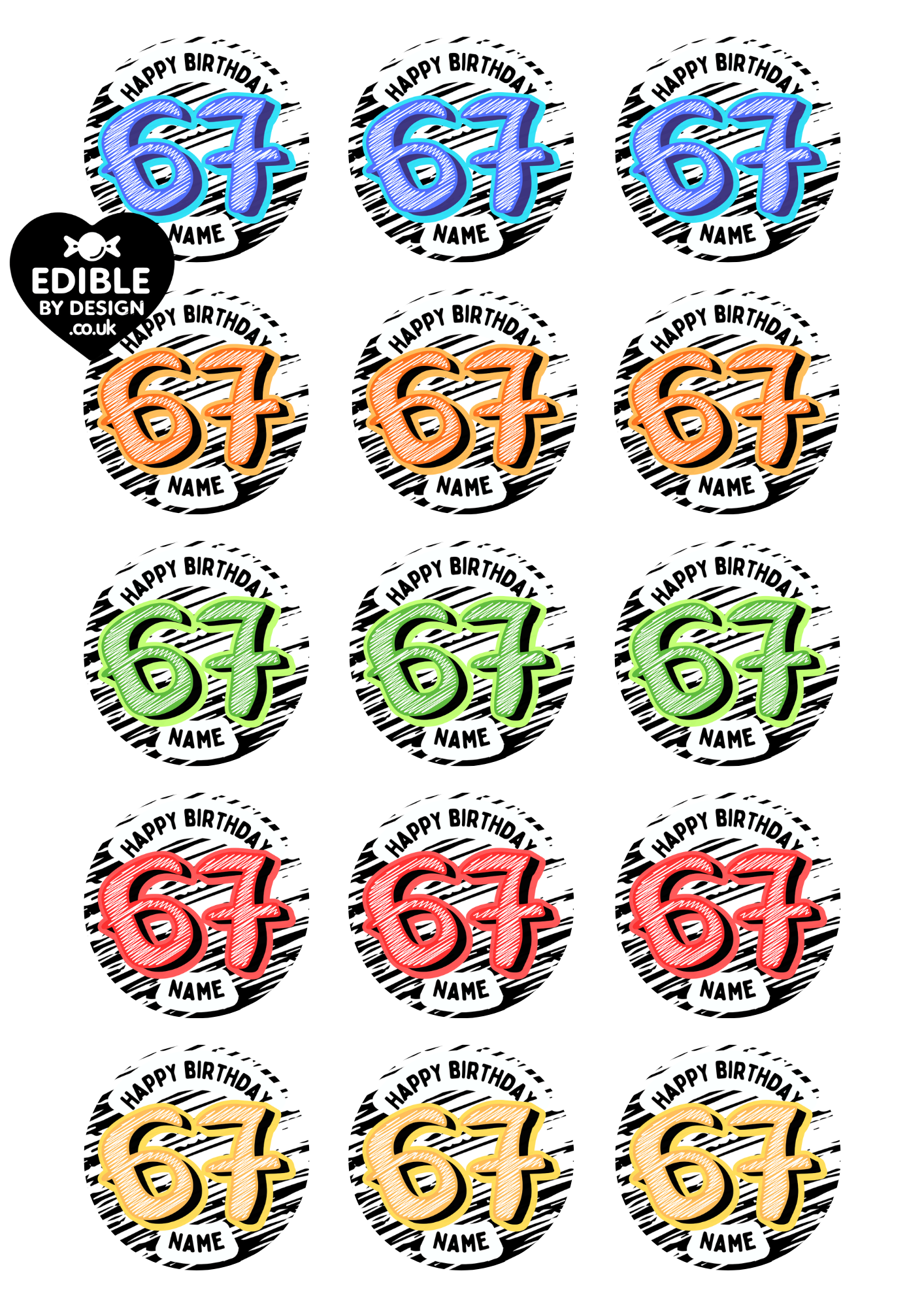 67 Theme Birthday Cake Toppers Edible Circles Personalised Name and Age Matching Stickers Balloon Invitations Pack