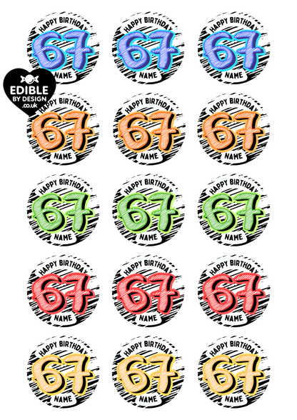 67 Theme Birthday Cake Toppers Edible Circles Personalised Name and Age Matching Stickers Balloon Invitations Pack