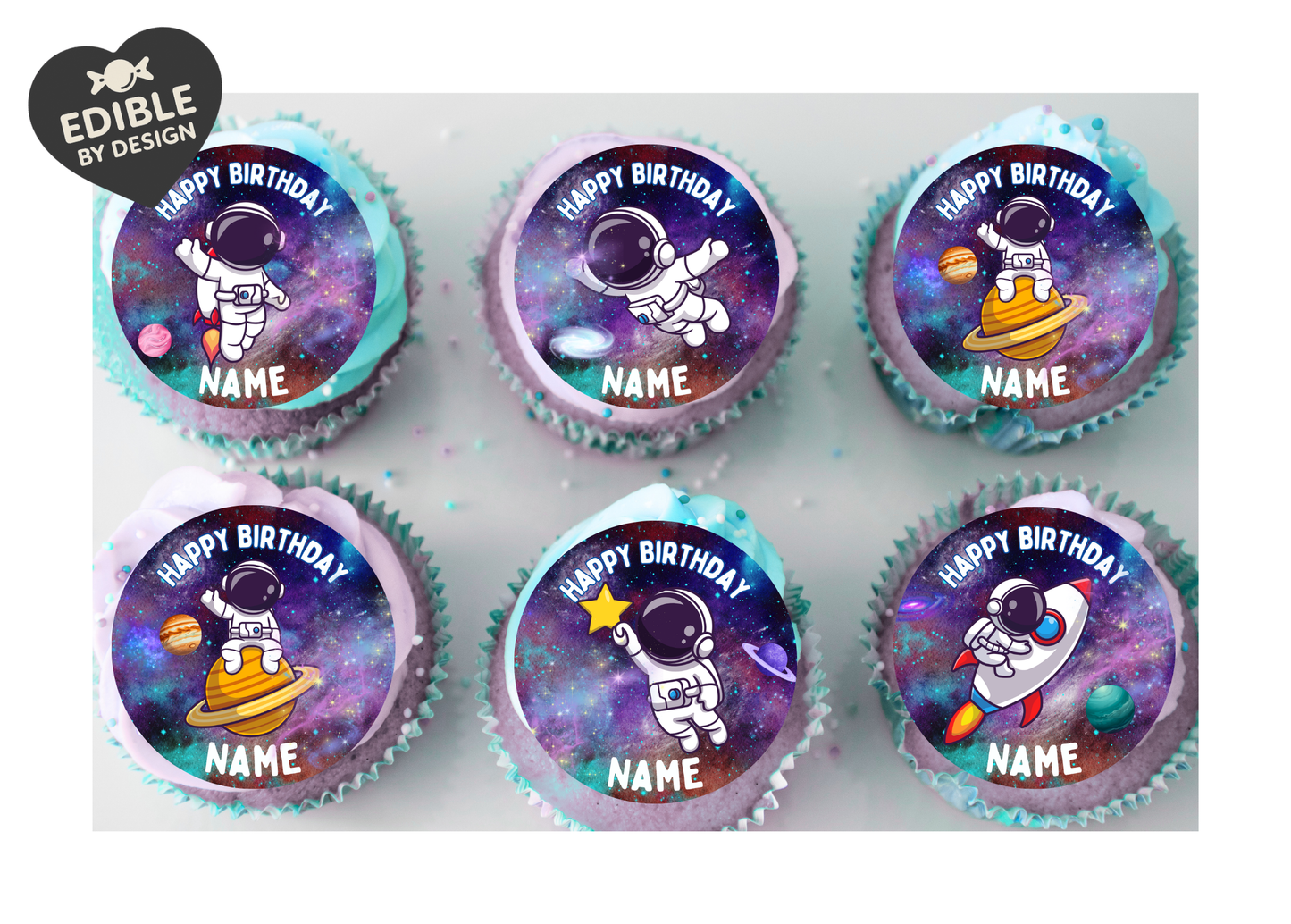 Space Astronaut Theme Birthday Cake Toppers Edible Circles Personalised Name and Age Matching Stickers Balloon Invitations Pack (Copy)