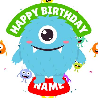 Monster Theme Birthday Cake Toppers Edible Circles Personalised Name and Age Matching Stickers Balloon Invitations Pack