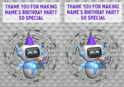 Robot Theme Birthday Cake Toppers Edible Circles Personalised Name and Age Matching Stickers Balloon Invitations Pack