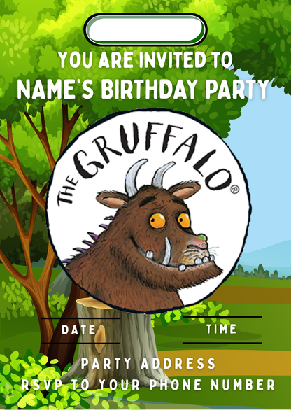Gruffalo Theme Birthday Cake Toppers Edible Circles Personalised Name and Age Matching Stickers Balloon Invitations Pack