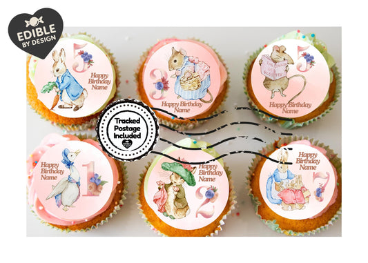 Beatrix Potter Pink Personalised Birthday Cake Toppers Edible Circles matching Invitations Stickers Balloon Party Pack