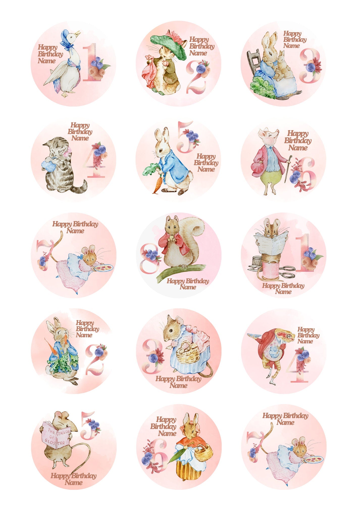 Beatrix Potter Pink Personalised Birthday Cake Toppers Edible Circles matching Invitations Stickers Balloon Party Pack