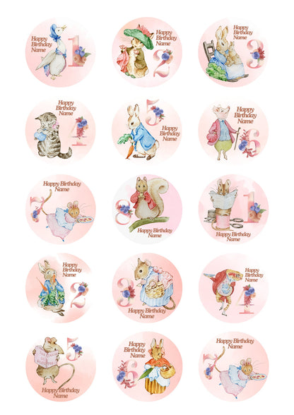 Beatrix Potter Pink Personalised Birthday Cake Toppers Edible Circles matching Invitations Stickers Balloon Party Pack