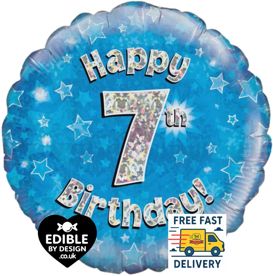 Blue Foil Happy 7th Birthday Balloon - Oaktree UK - 18" round Balloon for Helium or Air