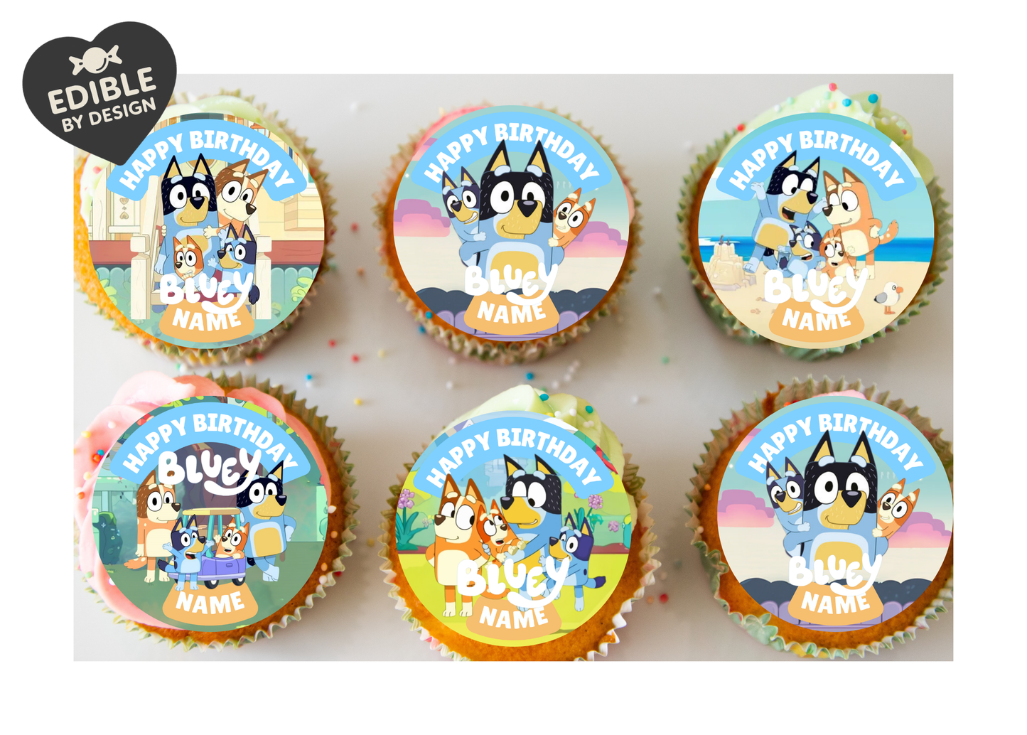 Bluey Theme Birthday Cake Toppers Edible Circles Personalised Name and Age Matching Stickers Balloon Invitations Pack
