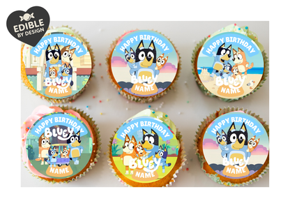 Bluey Theme Birthday Cake Toppers Edible Circles Personalised Name and Age Matching Stickers Balloon Invitations Pack