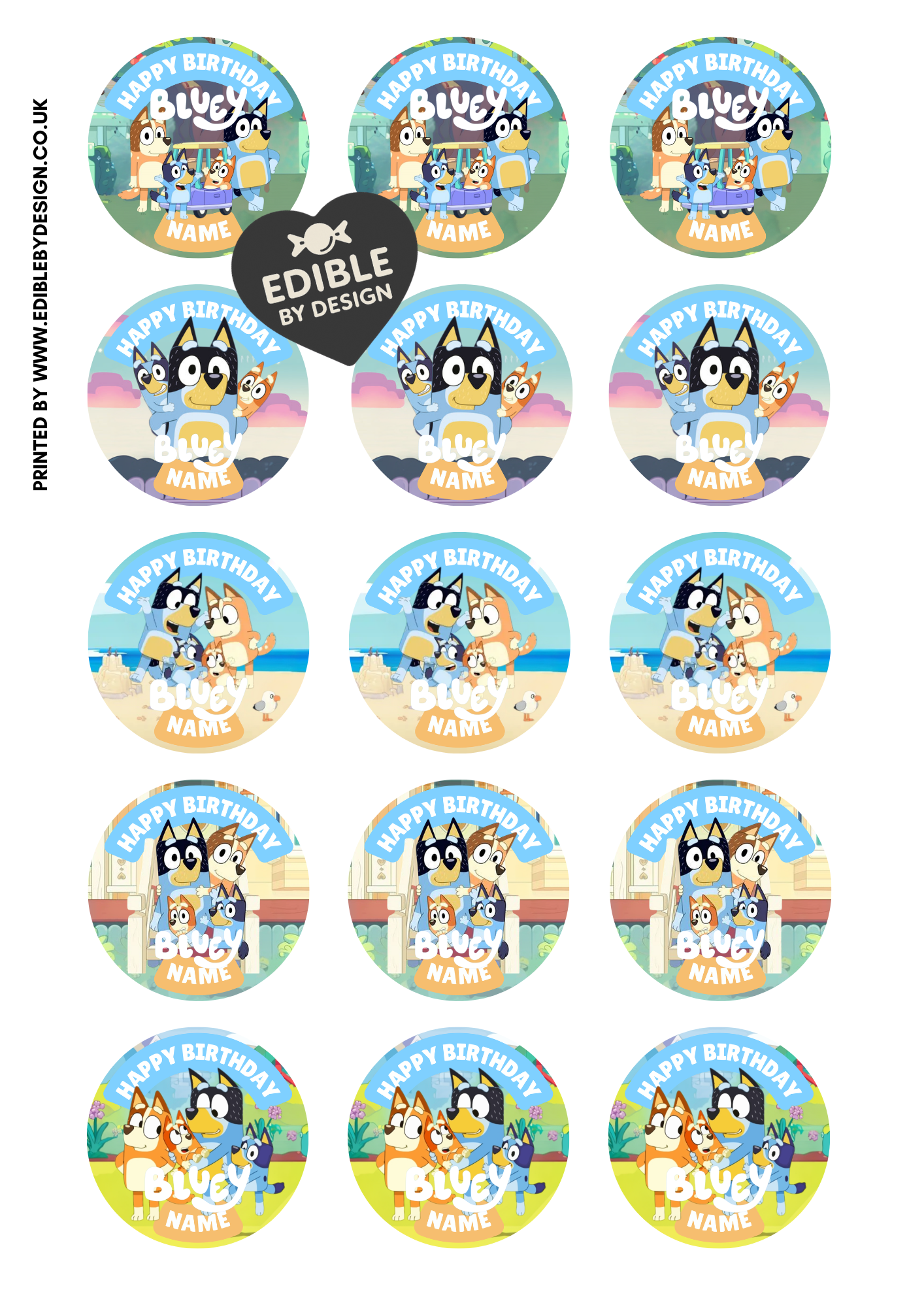 Bluey Theme Birthday Cake Toppers Edible Circles Personalised Name and Age Matching Stickers Balloon Invitations Pack