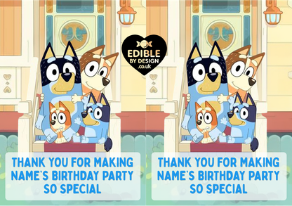 Bluey Theme Birthday Cake Toppers Edible Circles Personalised Name and Age Matching Stickers Balloon Invitations Pack