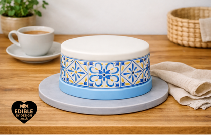 Italianate Blue White & Lemon Tiles - Ribbon Border Edging for Cake in Icing