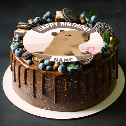 Capybara Theme Birthday Cake Toppers Edible Circles Personalised Name and Age Matching Stickers Balloon Invitations Pack