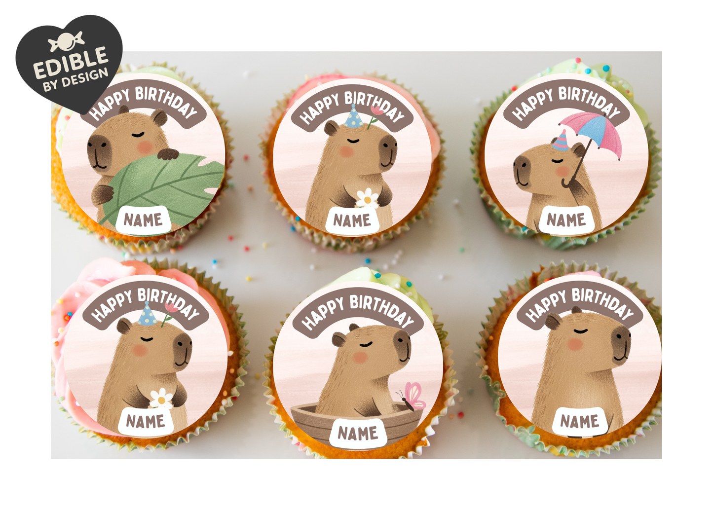 Capybara Theme Birthday Cake Toppers Edible Circles Personalised Name and Age Matching Stickers Balloon Invitations Pack