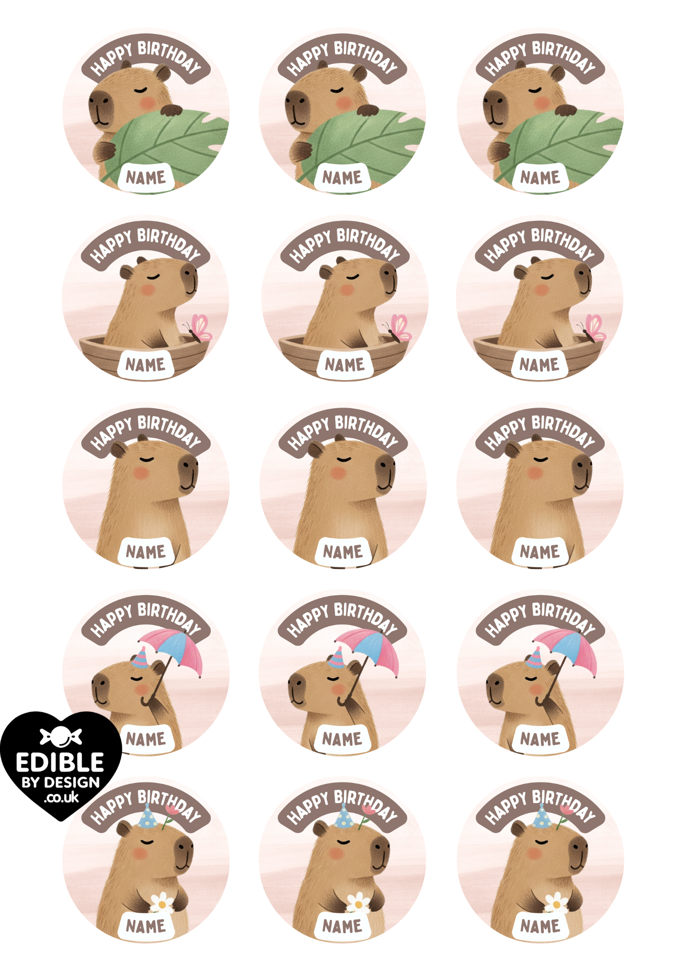 Capybara Theme Birthday Cake Toppers Edible Circles Personalised Name and Age Matching Stickers Balloon Invitations Pack
