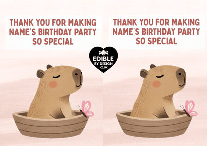 Capybara Theme Birthday Cake Toppers Edible Circles Personalised Name and Age Matching Stickers Balloon Invitations Pack
