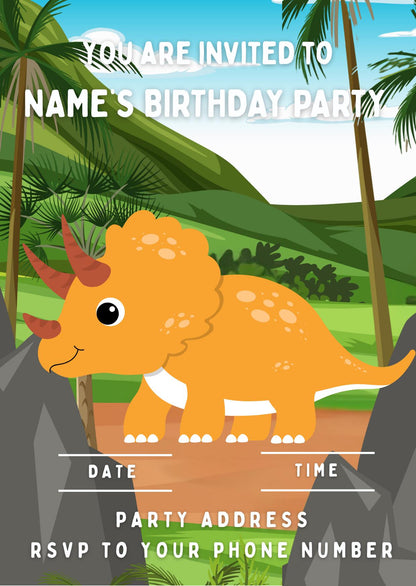 Cartoon Dinosaur Personalised Name Age Birthday Cake Toppers matching Invitations Stickers Balloon Party Pack