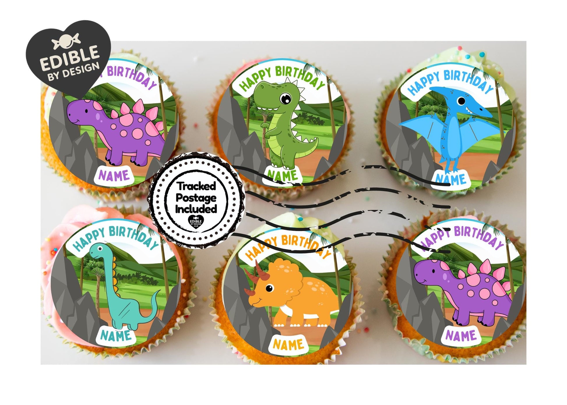Cartoon Dinosaur Personalised Name Age Birthday Cake Toppers matching Invitations Stickers Balloon Party Pack
