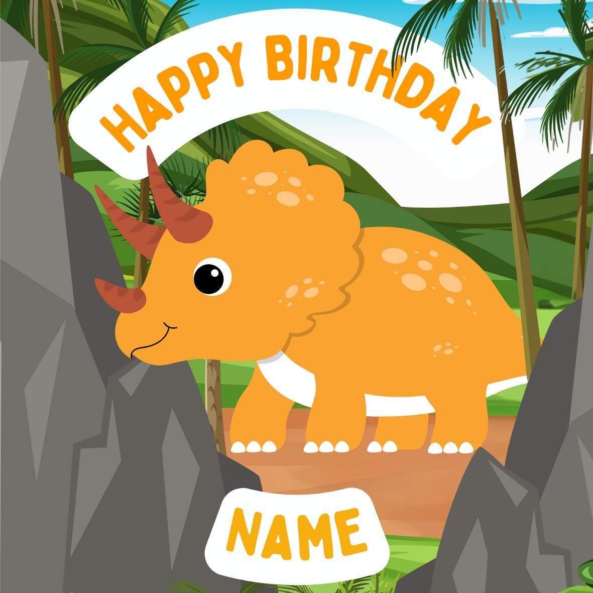 Cartoon Dinosaur Personalised Name Age Birthday Cake Toppers matching Invitations Stickers Balloon Party Pack