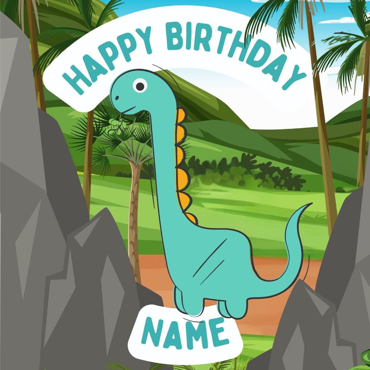 Cartoon Dinosaur Personalised Name Age Birthday Cake Toppers matching Invitations Stickers Balloon Party Pack