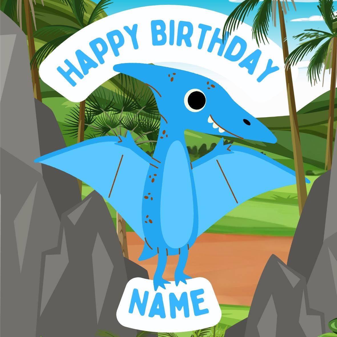 Cartoon Dinosaur Personalised Name Age Birthday Cake Toppers matching Invitations Stickers Balloon Party Pack