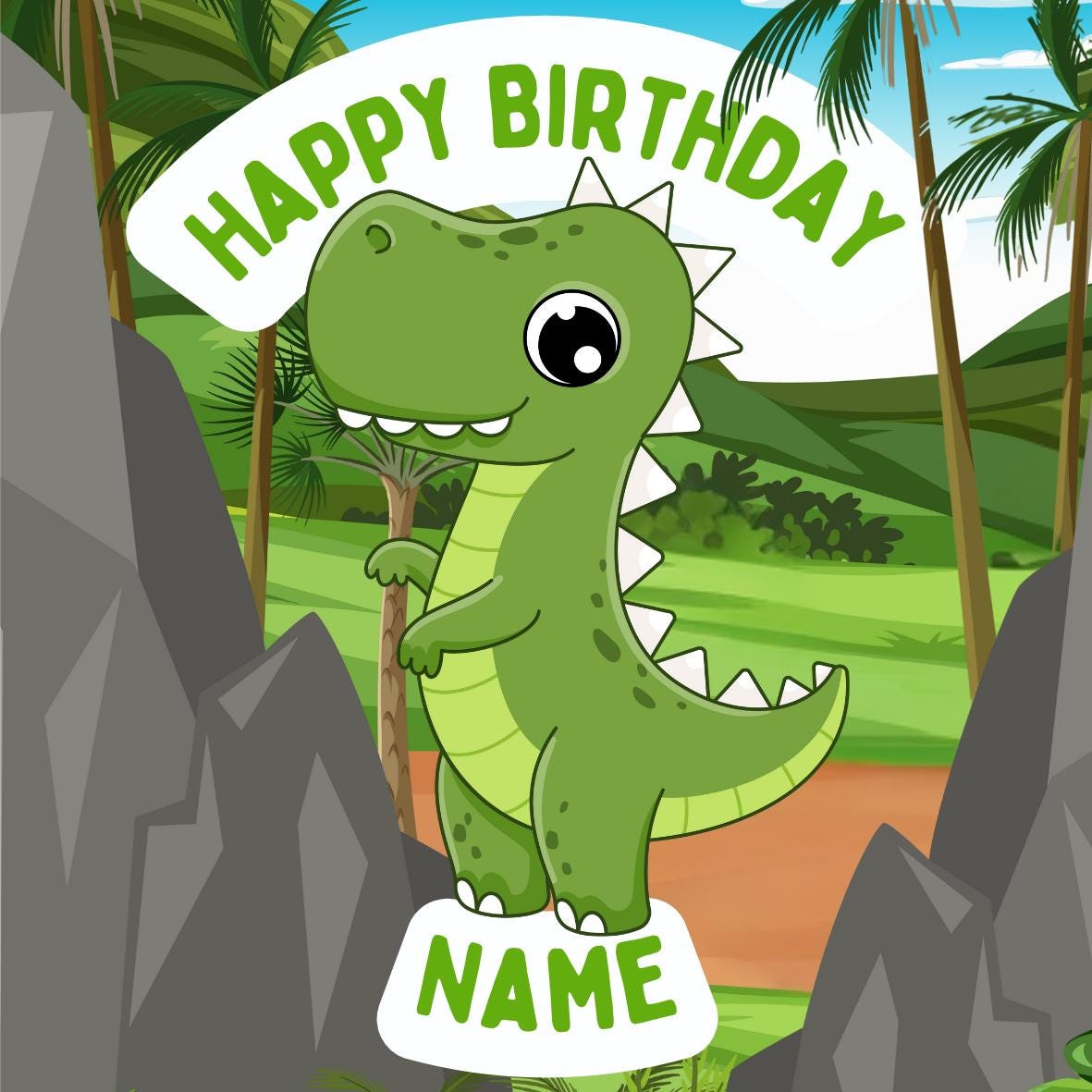 Cartoon Dinosaur Personalised Name Age Birthday Cake Toppers matching Invitations Stickers Balloon Party Pack