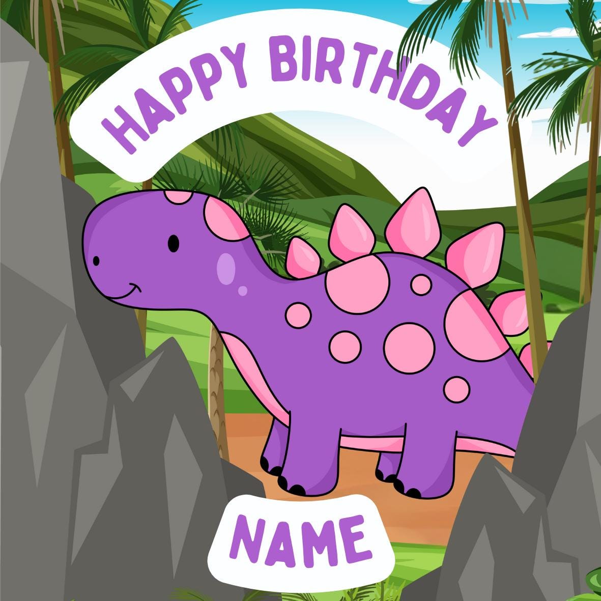 Cartoon Dinosaur Personalised Name Age Birthday Cake Toppers matching Invitations Stickers Balloon Party Pack