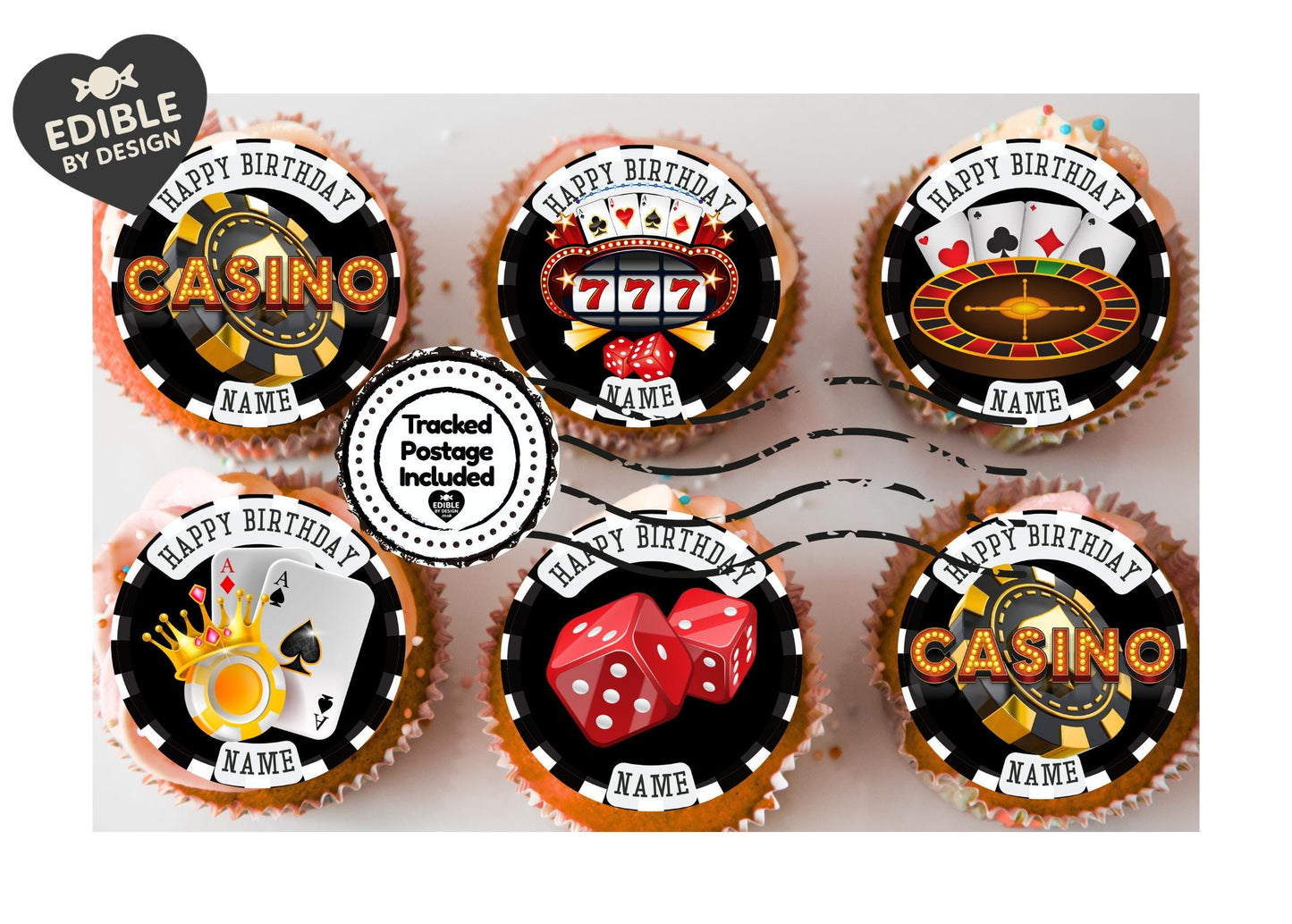 Casino Theme Birthday Cake Toppers on Icing or Wafer matching Invitations Stickers Balloon Party Pack