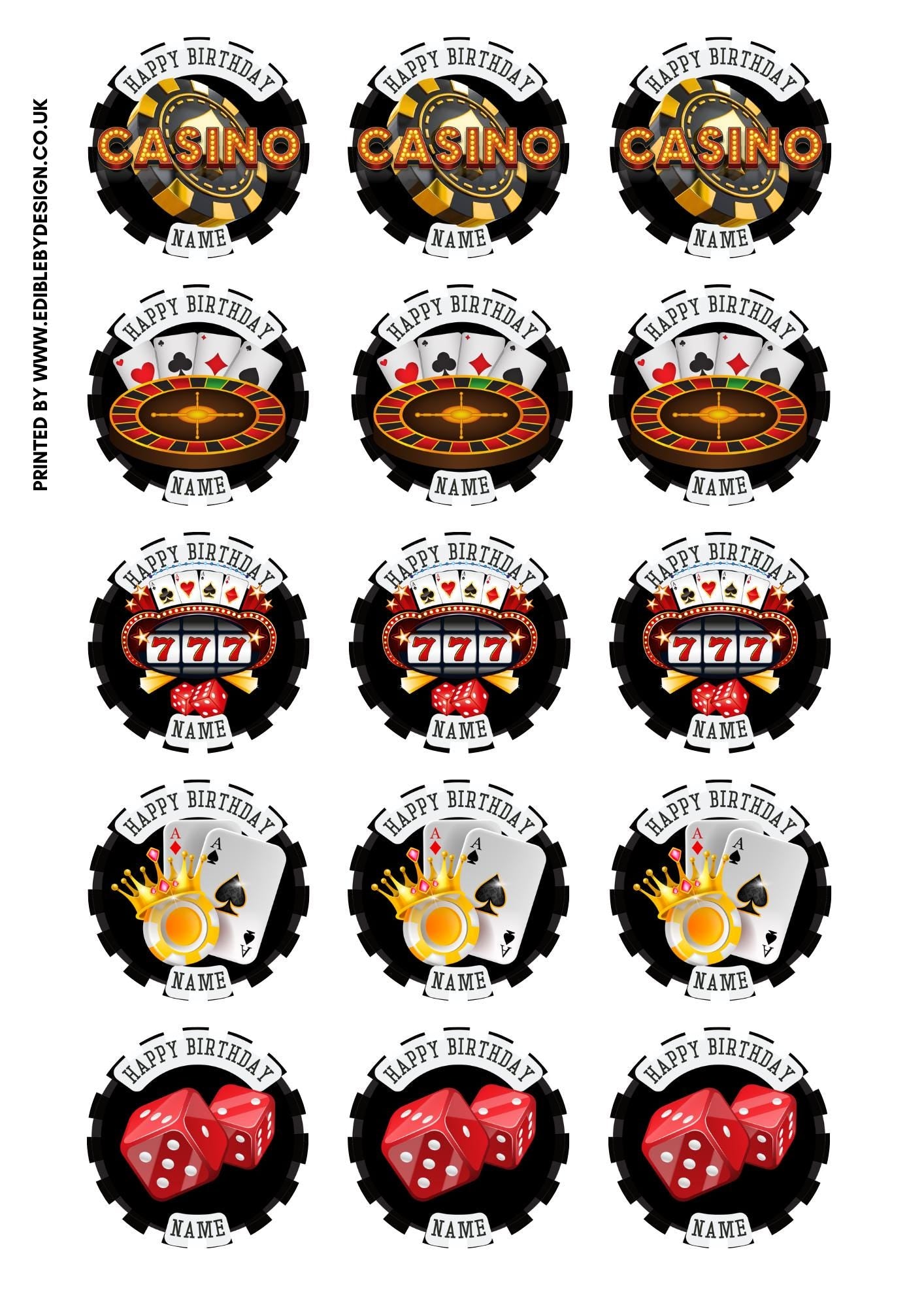 Casino Theme Birthday Cake Toppers on Icing or Wafer matching Invitations Stickers Balloon Party Pack