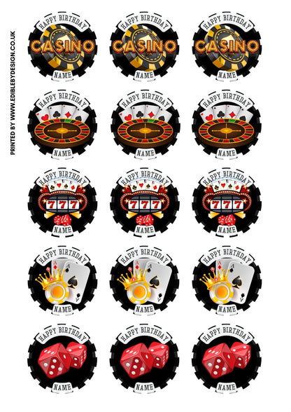 Casino Theme Birthday Cake Toppers on Icing or Wafer matching Invitations Stickers Balloon Party Pack