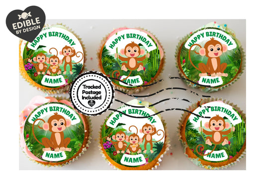 Cheeky Monkey Theme Personalised Birthday Cake Toppers Icing or Wafer