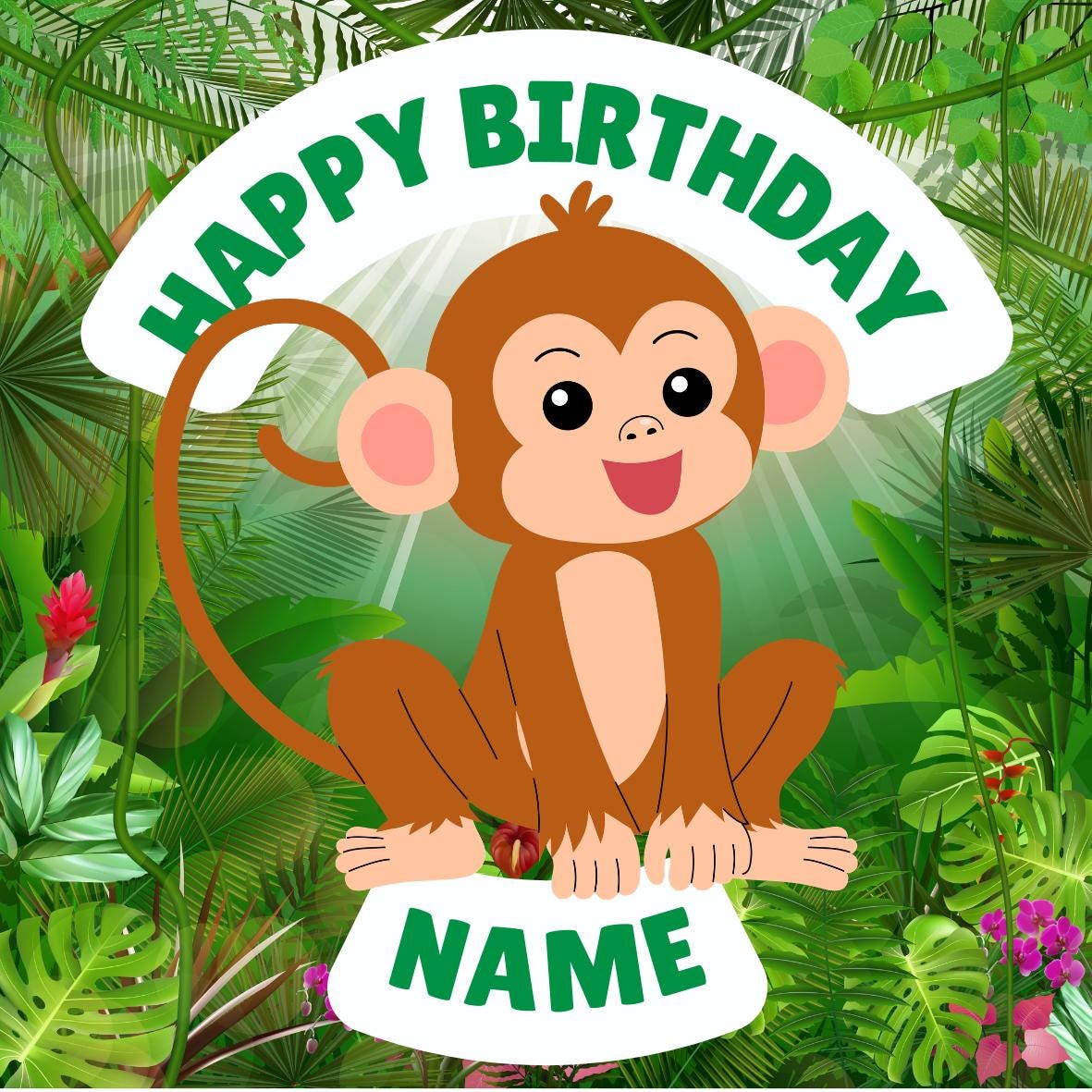Cheeky Monkey Theme Personalised Birthday Cake Toppers Icing or Wafer