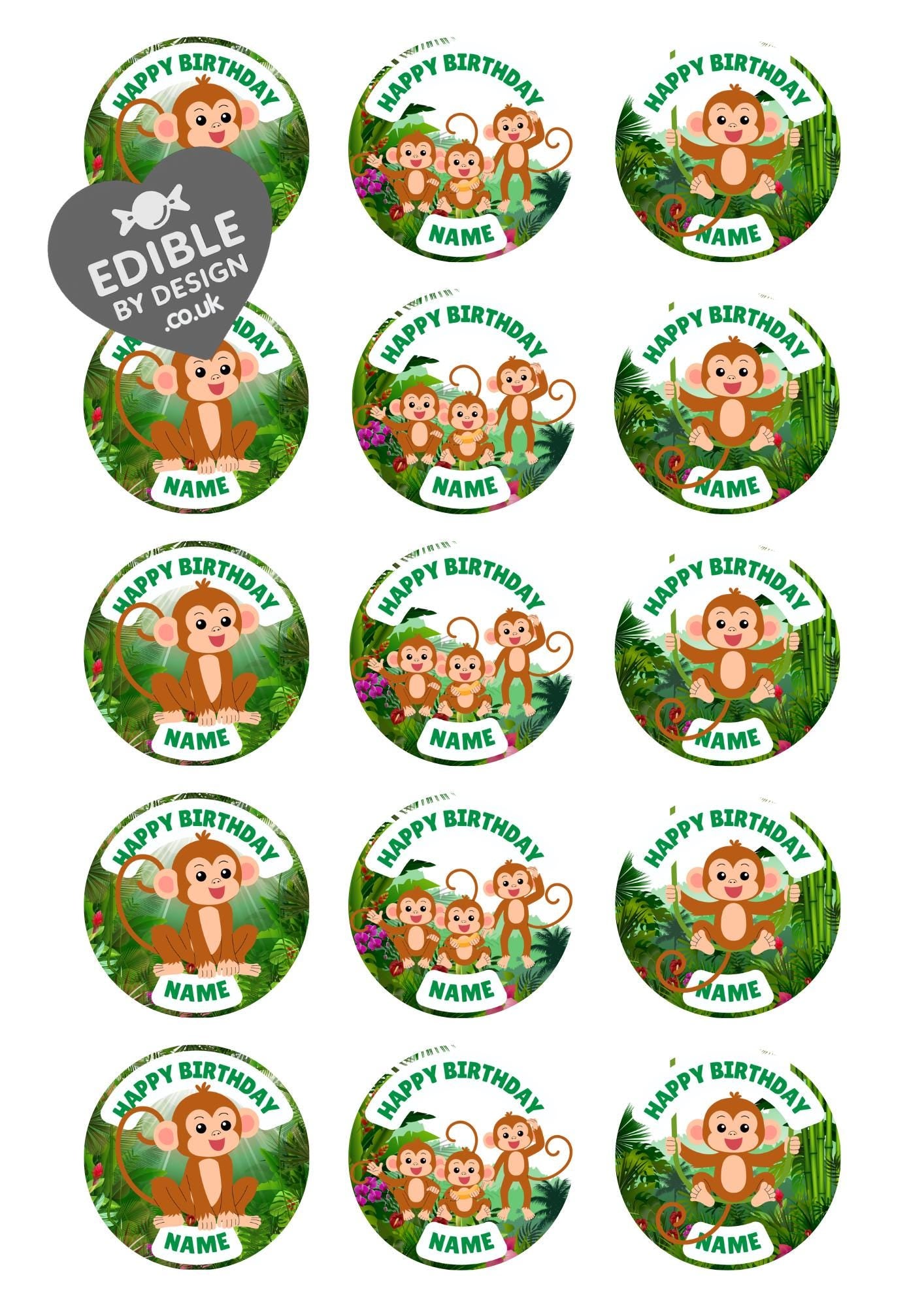 Cheeky Monkey Theme Personalised Birthday Cake Toppers Icing or Wafer