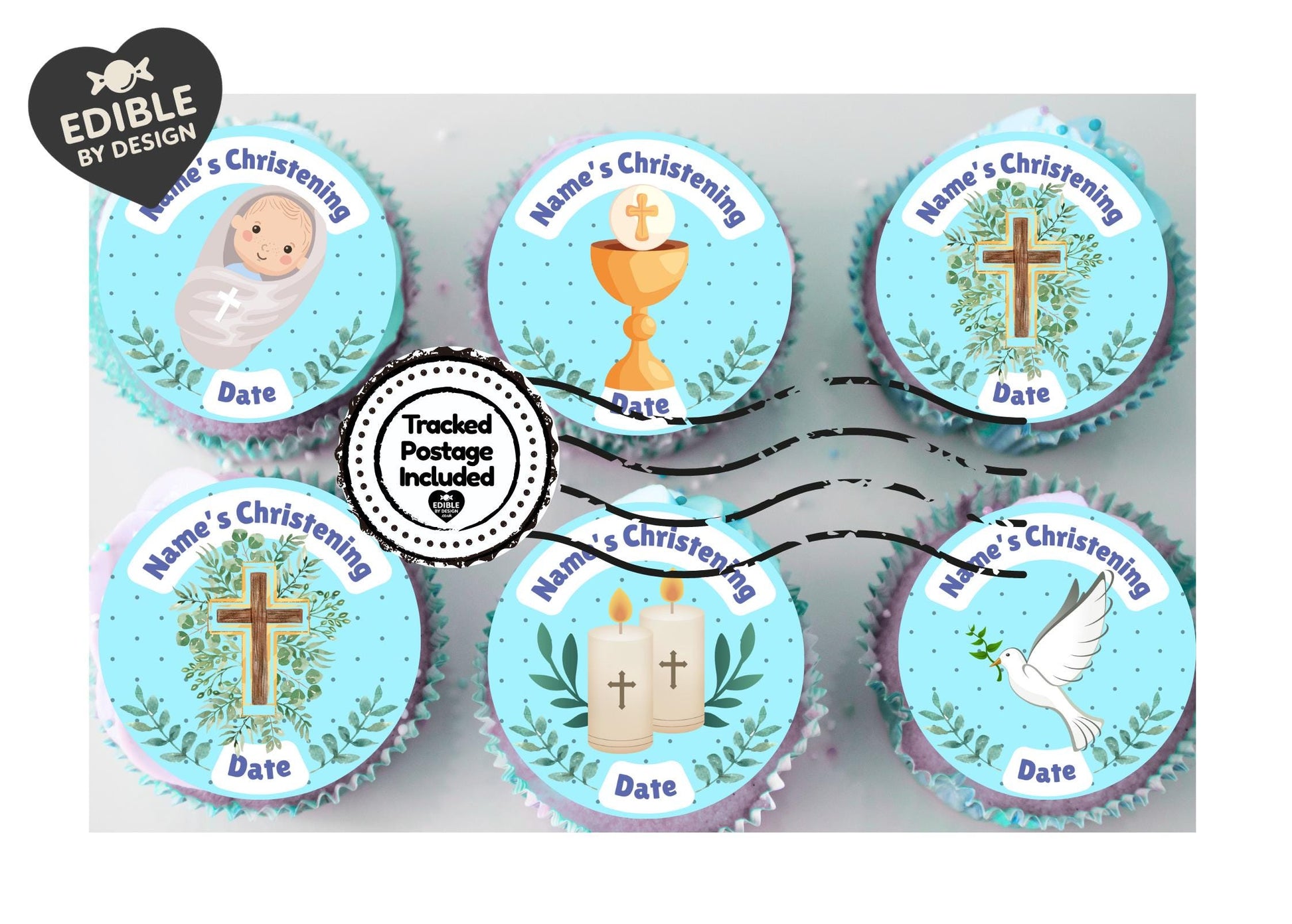 Christening Cake Toppers Baby Boy Blue Personalised with Name and date matching Invitations Stickers Balloon & Party Pack